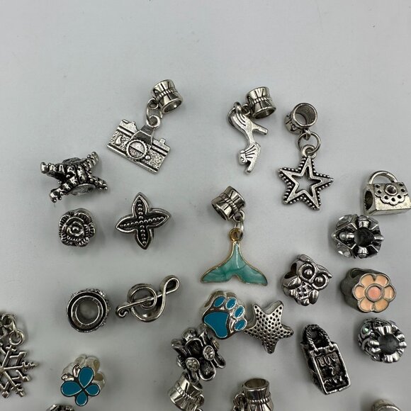 Mixed Sliding Charms Lot Silver Tone Enamel Beads Dangle Hearts Crowns Stars - Picture 8 of 11